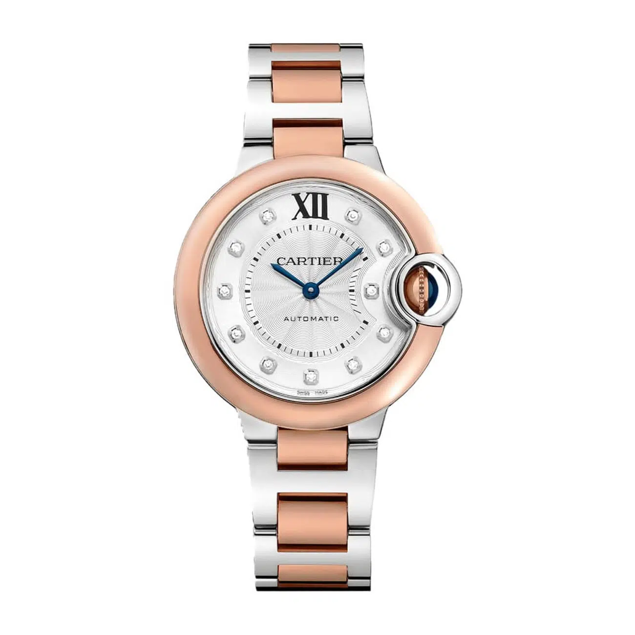 Cartier Ballon Bleu 33mm W3BB0021 Stainless Steel & Rose Gold Watch Silver Diamond Dial