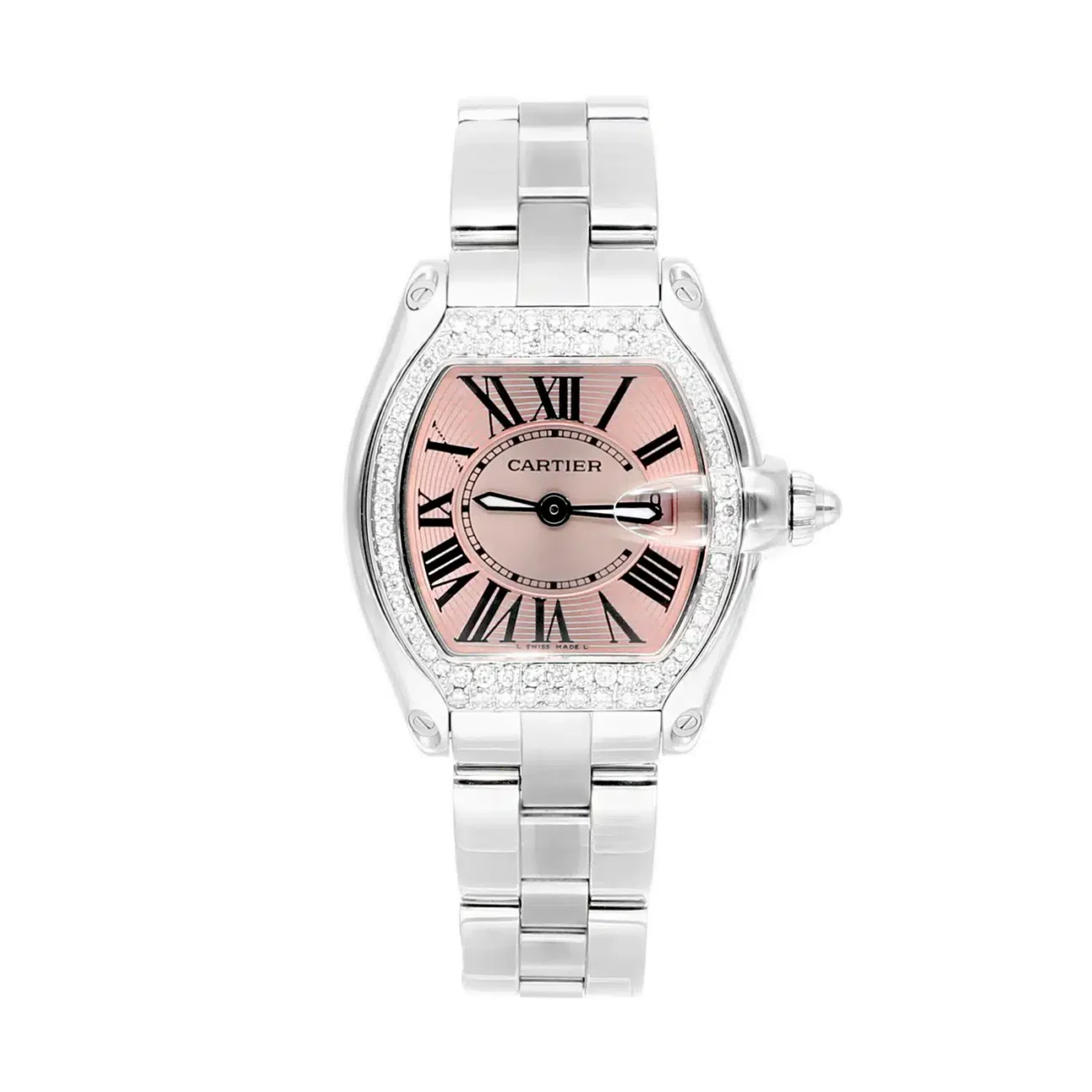 Cartier Roadster Small Ladies Pink Dial Stainless Steel Watch with Diamond Bezel