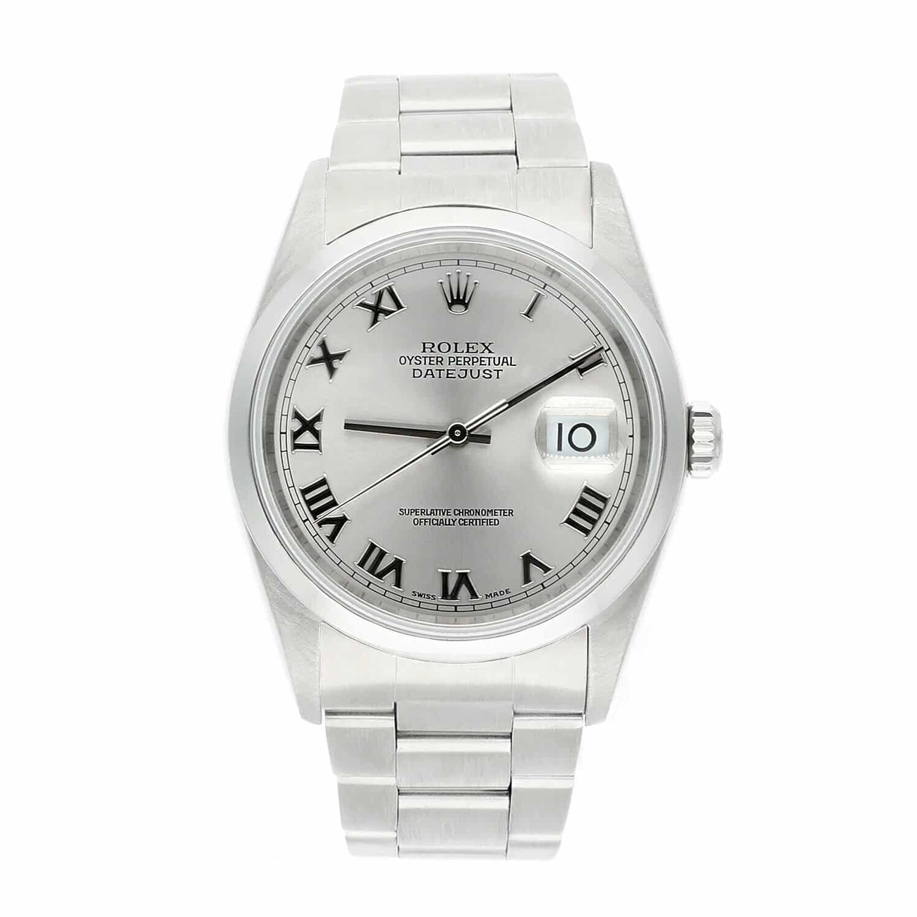 Rolex Datejust 16200 36mm Mens Stainless Steel Watch with Oyster Band and Silver Dial
