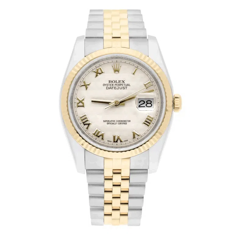 Rolex Datejust 36 Gold and Steel 116233 Ivory Pyramid Roman Dial Jubilee Watch