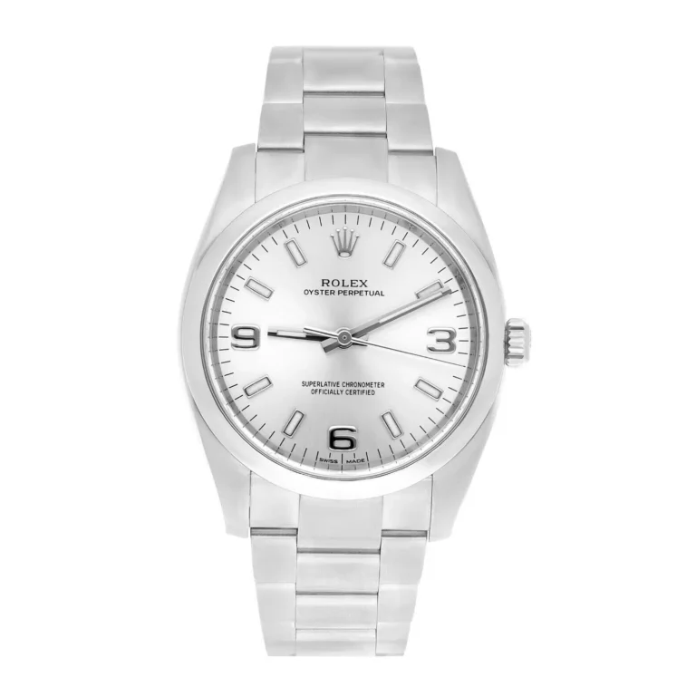 Rolex Oyster Perpetual 34mm 114200 Stainless Steel Watch Silver Index Dial Box Warranty MINT
