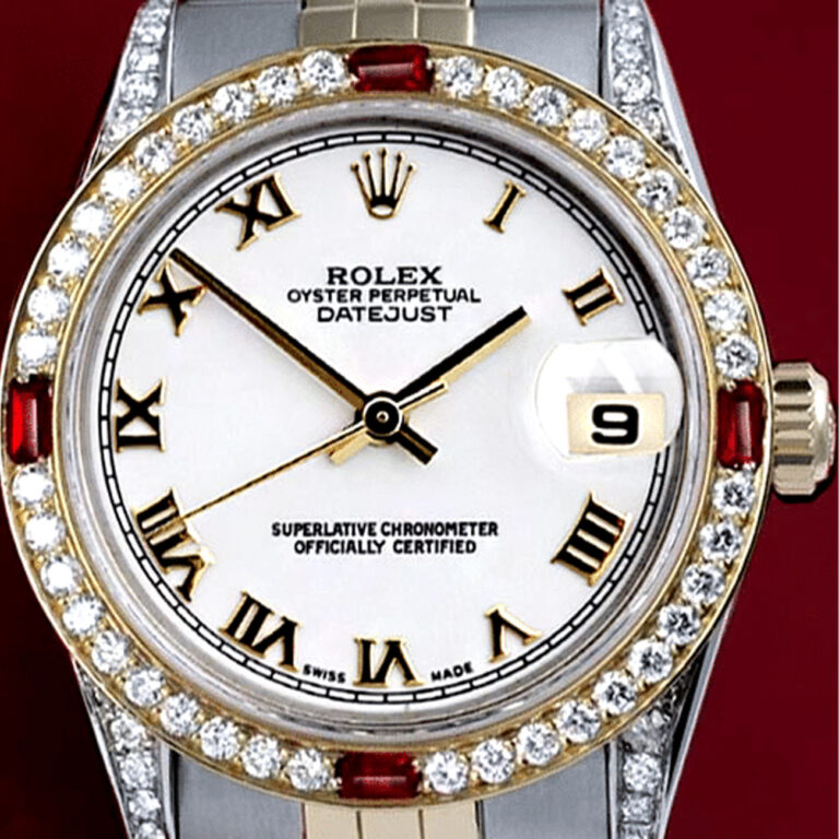 Rolex Datejust 31 Ladies 2 Tone Watch White Roman Dial Ruby & Diamond Bezel 68273