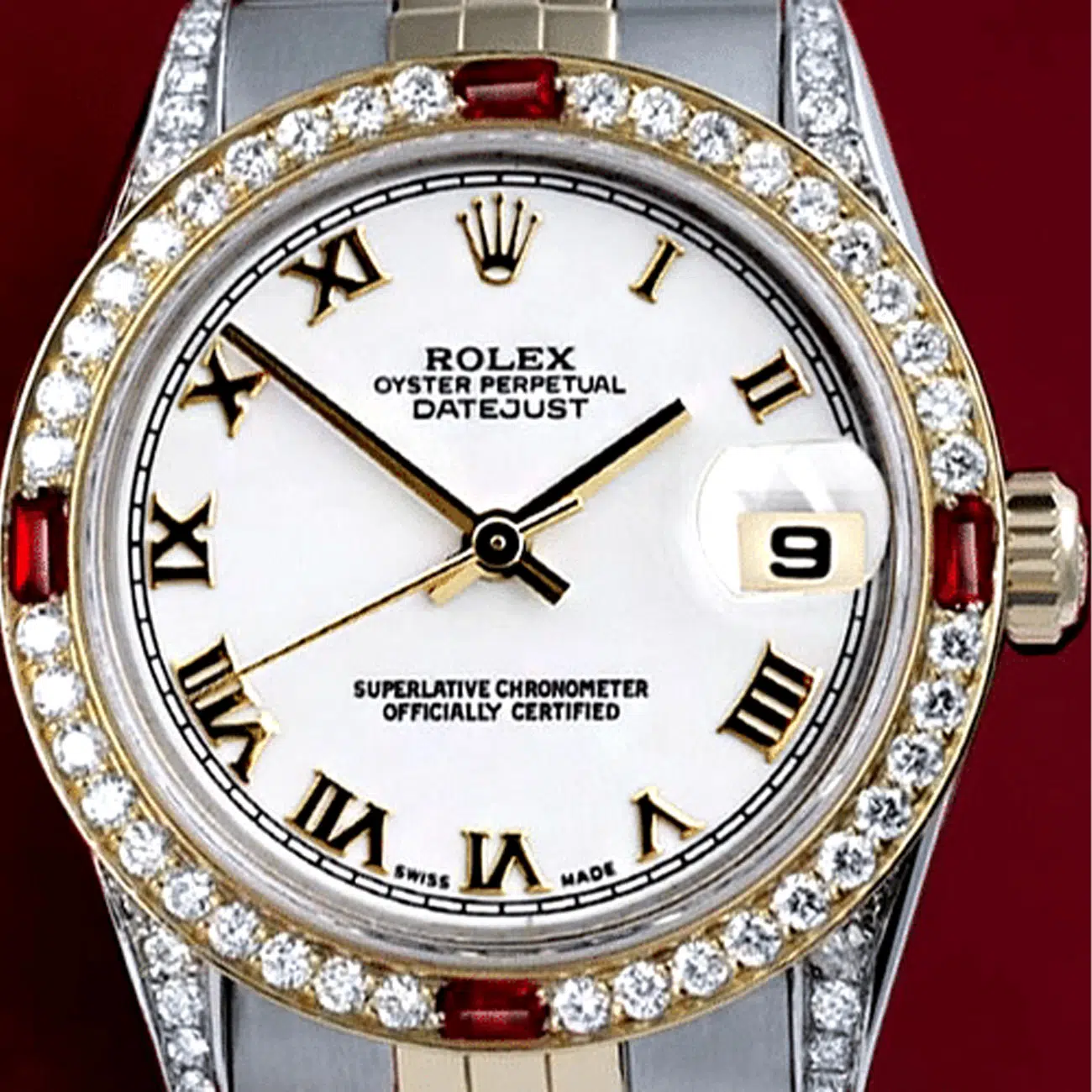 Rolex Datejust 31 Ladies 2 Tone Watch White Roman Dial Ruby & Diamond Bezel 68273