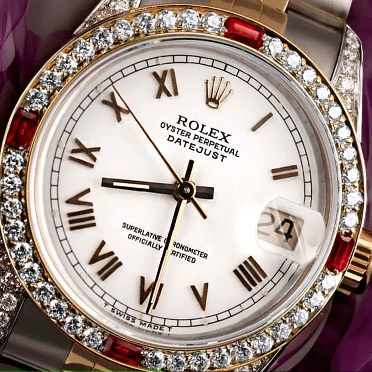 Rolex Datejust 31 mm Ladies Watch White Roman Dial Ruby & Diamond Bezel 68273