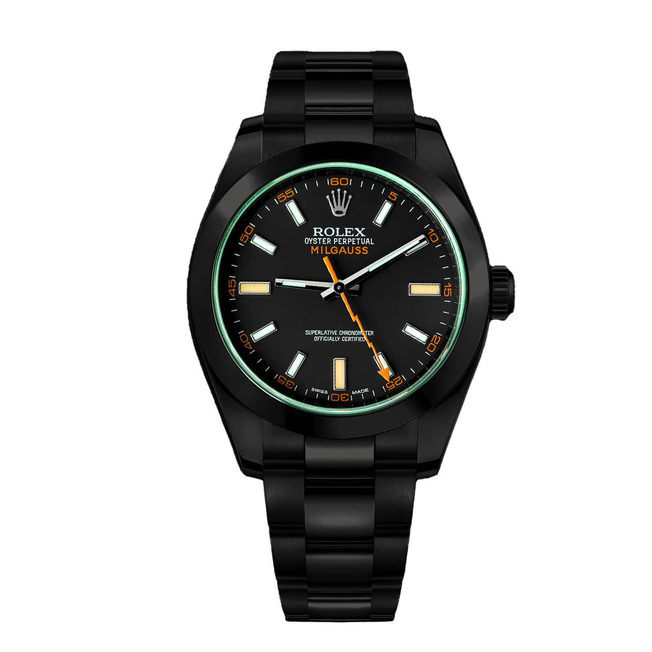 Rolex Milgauss Green Crystal Black Dial Black PVD/DLC Stainless Steel Watch 116400GV