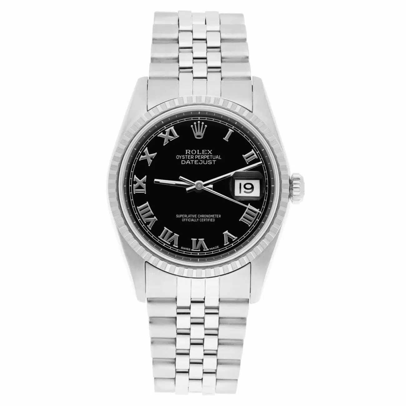 Rolex Datejust 36mm Stainless Steel Watch Black Roman Dial 16220