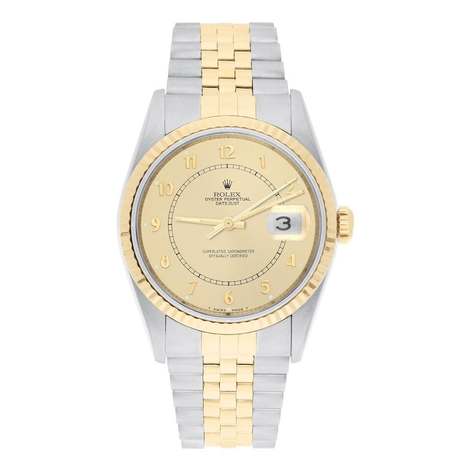 Rolex Datejust 36mm Two Tone Champagne Arabic Dial Jubilee 16233 Circa 2002 B/P