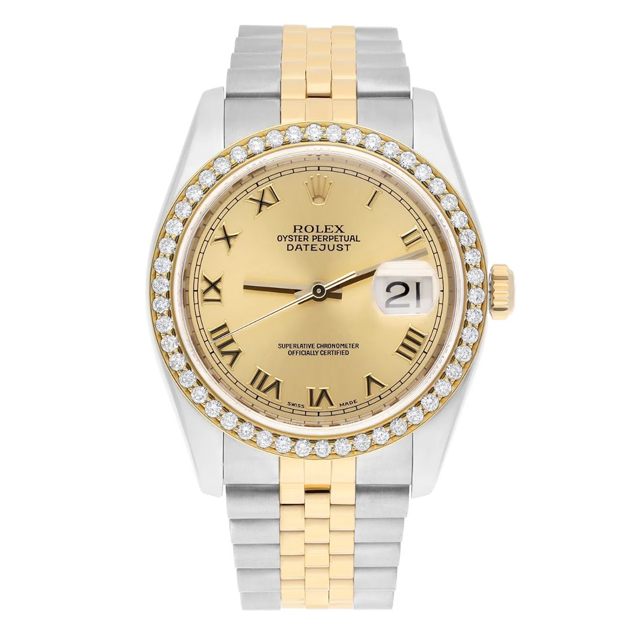Rolex Datejust 36 Gold & Steel 116233 Champagne Roman Dial Diamond Bezel Jubilee Watch
