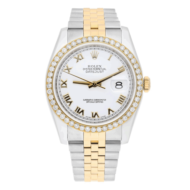 Rolex Datejust 36 Gold/Steel 116233 Diamond Bezel White Roman Dial Jubilee Band Watch
