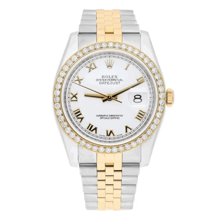 Rolex Datejust 36 Gold/Steel 116233 Diamond Bezel White Roman Dial Jubilee Band Watch