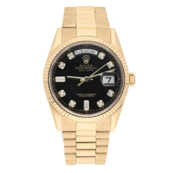 Rolex Day-Date 36 118238-0111 yellow gold watch, black diamond dial, President bracelet