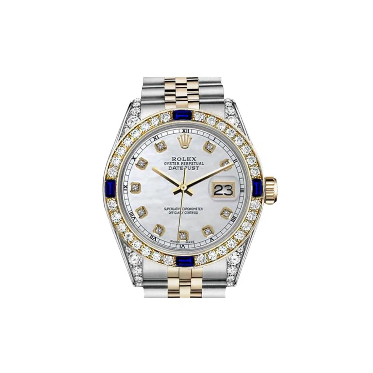Rolex Datejust 36mm Diamond Bezel & Shoulders White Mother of Pearl Diamond Dial Two Tone Jubilee Watch