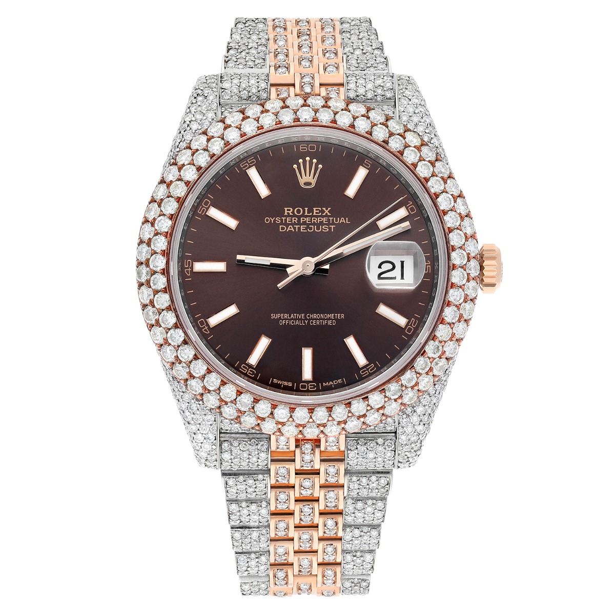 Rolex Datejust 41mm 126331 Rose Gold and Stainless Steel Fully Iced Out Watch