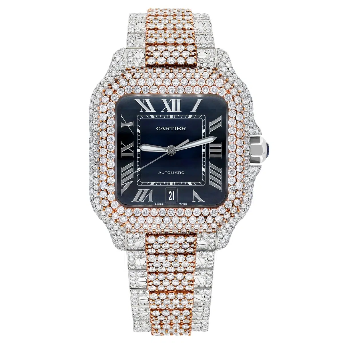 Cartier Santos De Cartier WSSA0018 Custom Diamond Iced Out Stainless Steel and Rose Watch
