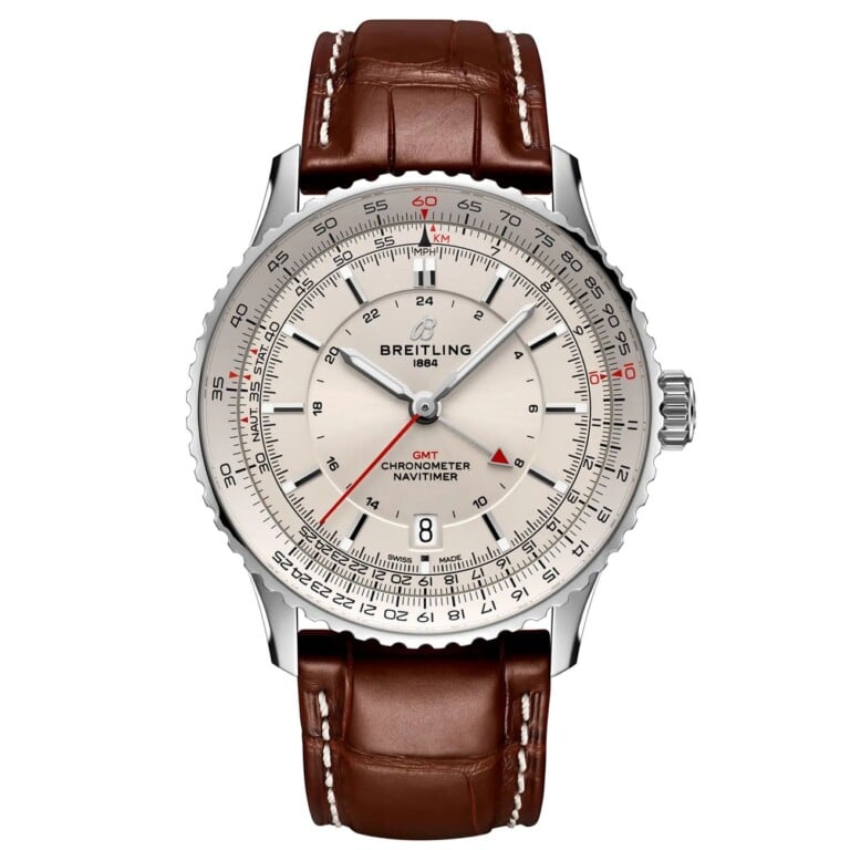 Breitling Navitimer GMT 41 Silver Dial A32310211G1P1 Stainless Steel with Brown Leather Watch 2024
