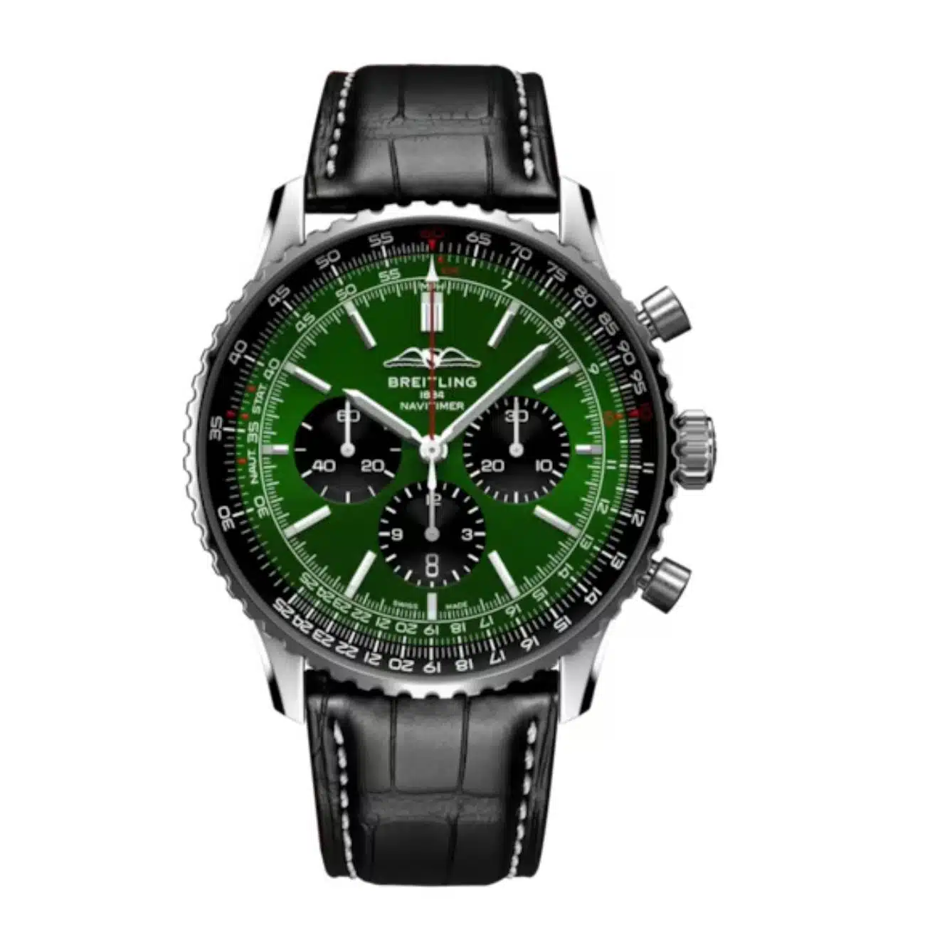 Breitling Navitimer B01 Chronograph AB0137241L1P1 46mm Green Dial Bidirectional Rotating Bezel Stainless Steel with Black Alligator Leather Strap Watch