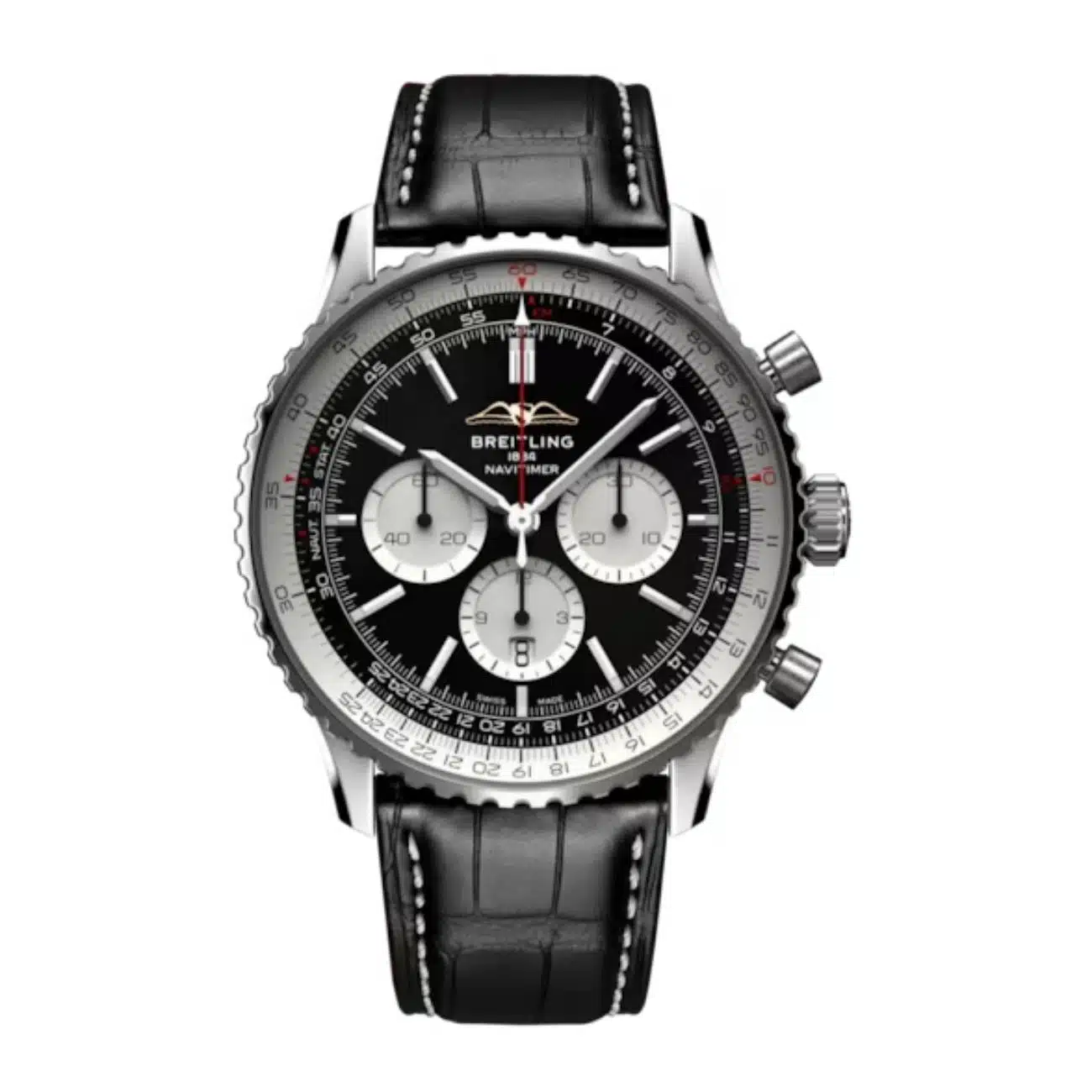Breitling Navitimer B01 Chronograph Black Dial AB0137211B1P1 46mm Black Dial Bidirectional Rotating Bezel Stainless Steel With Black Alligator Leather Strap Watch