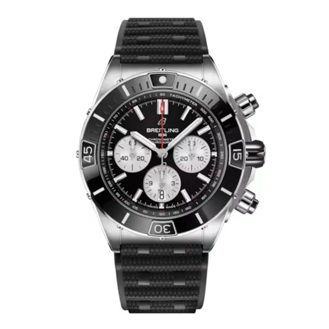 Breitling Super Chronomat B01 AB0136251B1S1 44mm Black Dial Unidirectional Ratcheted Rotating Bezel Stainless Steel With Black Rubber Strap Watch