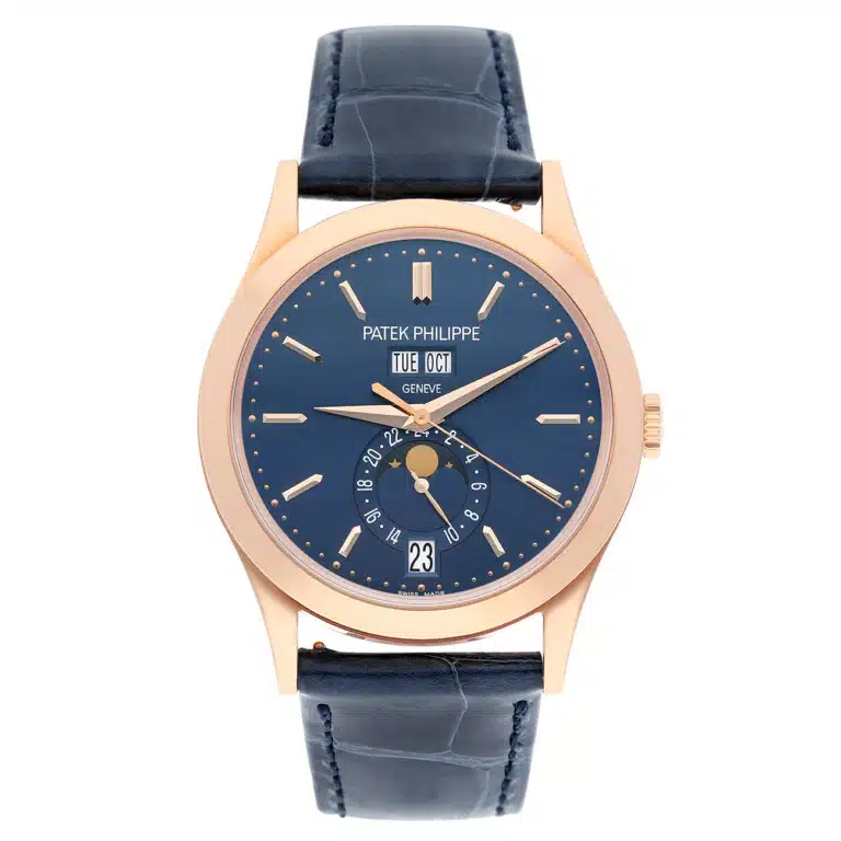 Patek Philippe Annual Calendar 5396R-014 rose gold watch, blue dial detail
