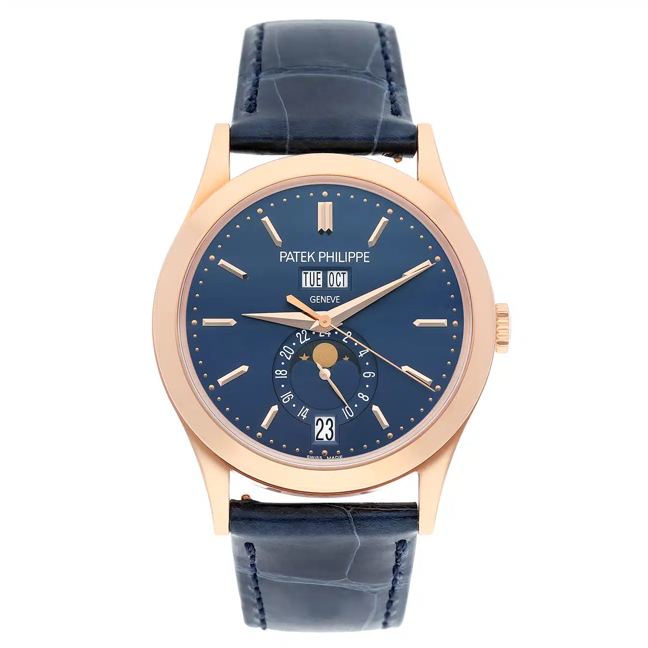 Patek Philippe Annual Calendar 5396R-014 rose gold watch, blue dial detail