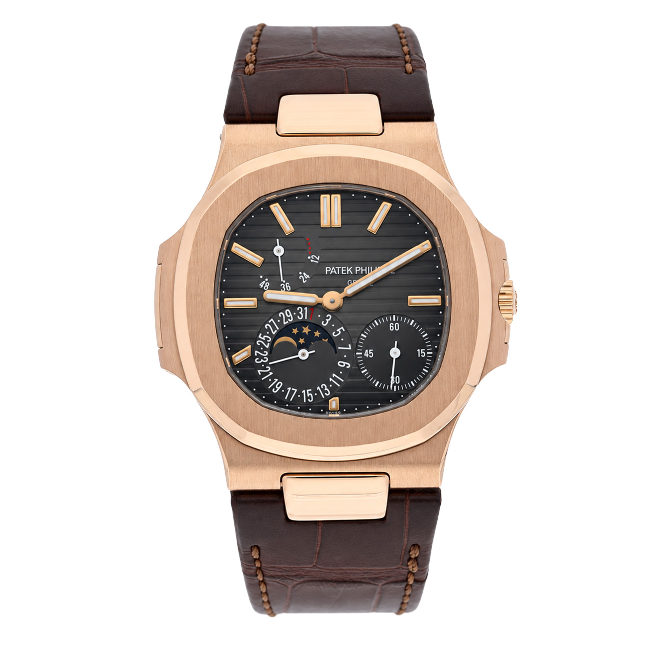 Patek Philippe Nautilus 5712R-001 Brown Dial Rose Gold Leather Strap Watch