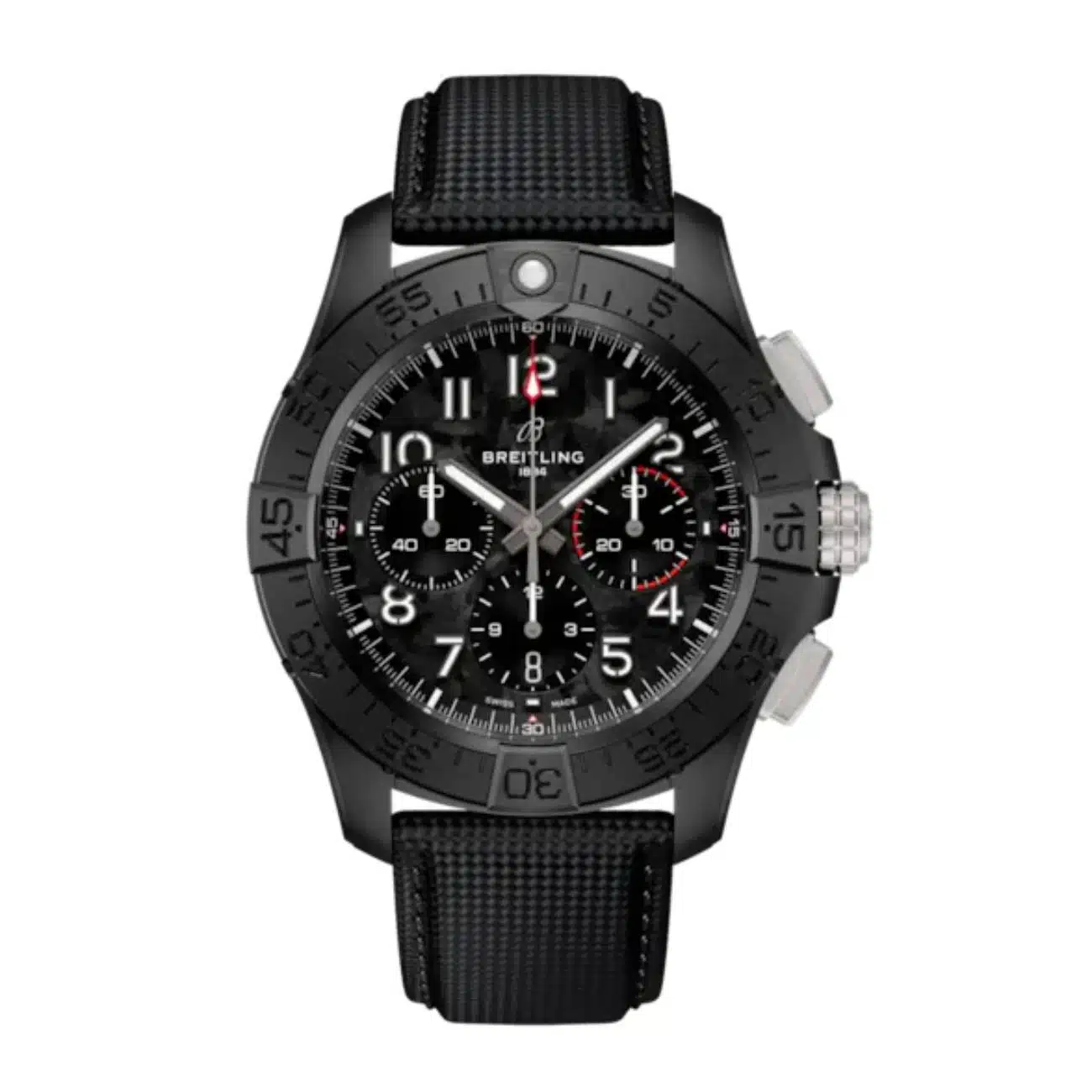 Breitling Avenger B01 Chronogragh Night Mission SB0147101B1X1 44mm Black Camoflage /Patterned Dial Unidirectional Rotating Bezel Ceramic with Anthracite Calfskin Leather Strap Watch
