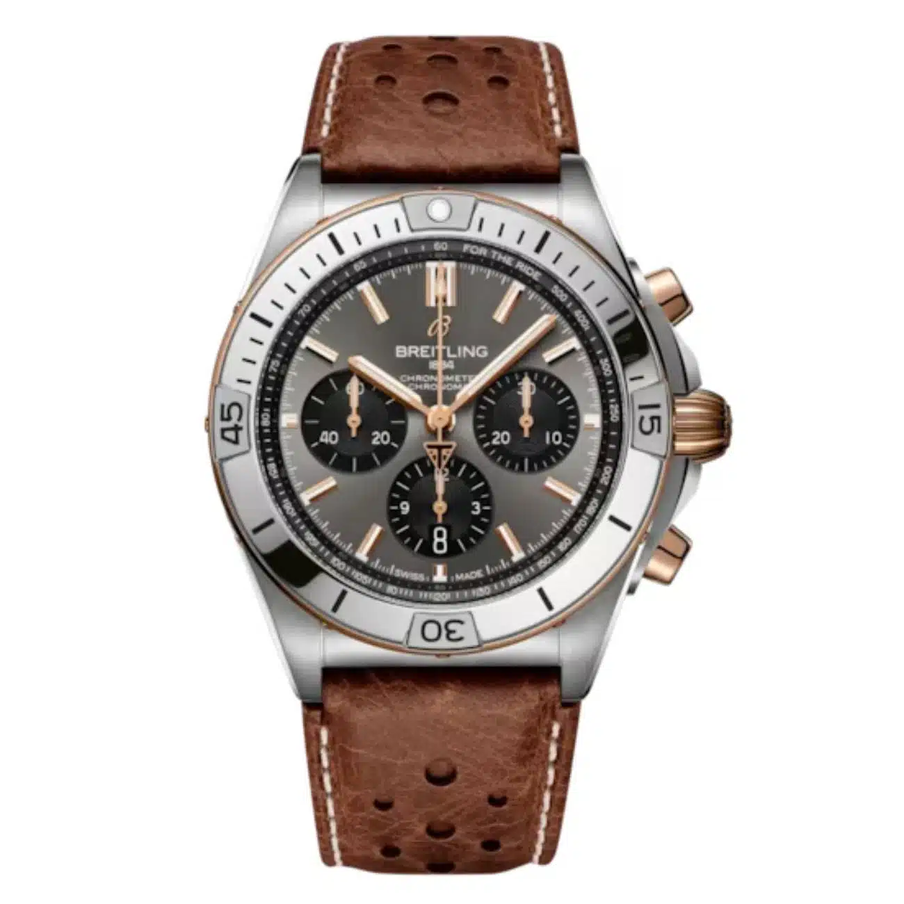 Breitling Chronomat B01 Triumph TB0134101M1X1 42mm Grey Dial Unidirectional, Ratcheted Bezel Titanium & 18K Red Gold with Brown Calfskin Leather Watch