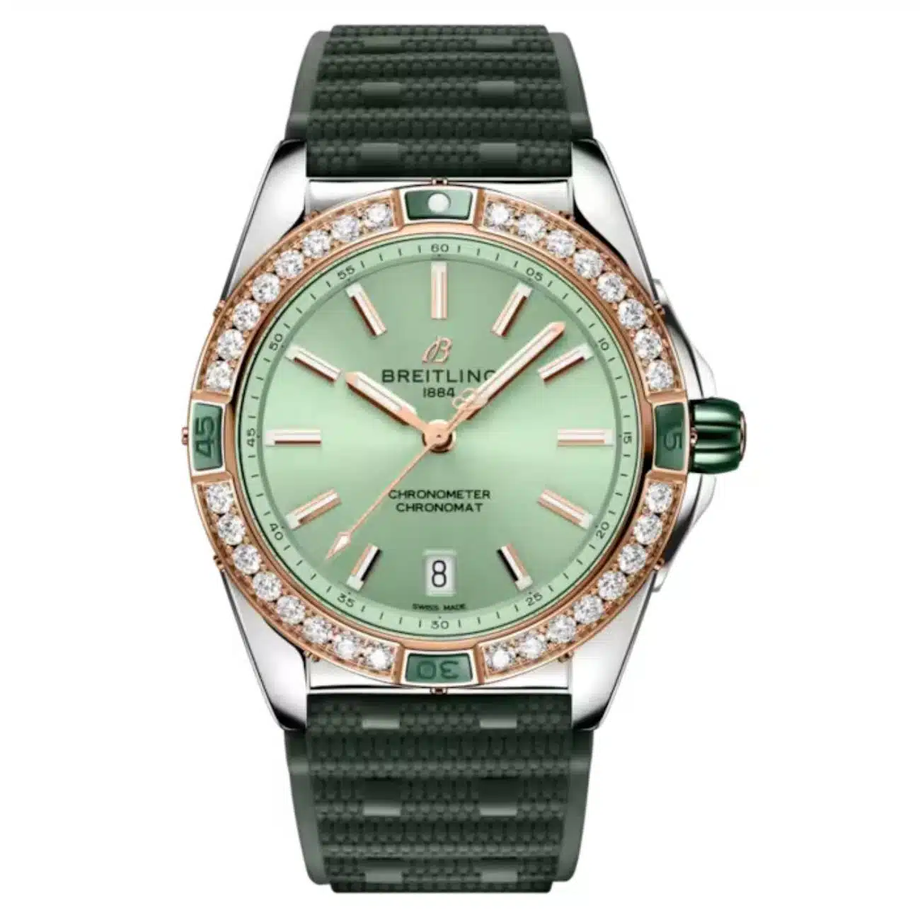 Breitling Super Chronomat Automatic U17356531L1S1 38mm Green Dial Fixed Bezel Stainless Steel & 18k Red Gold with Green Rubber Strap Watch