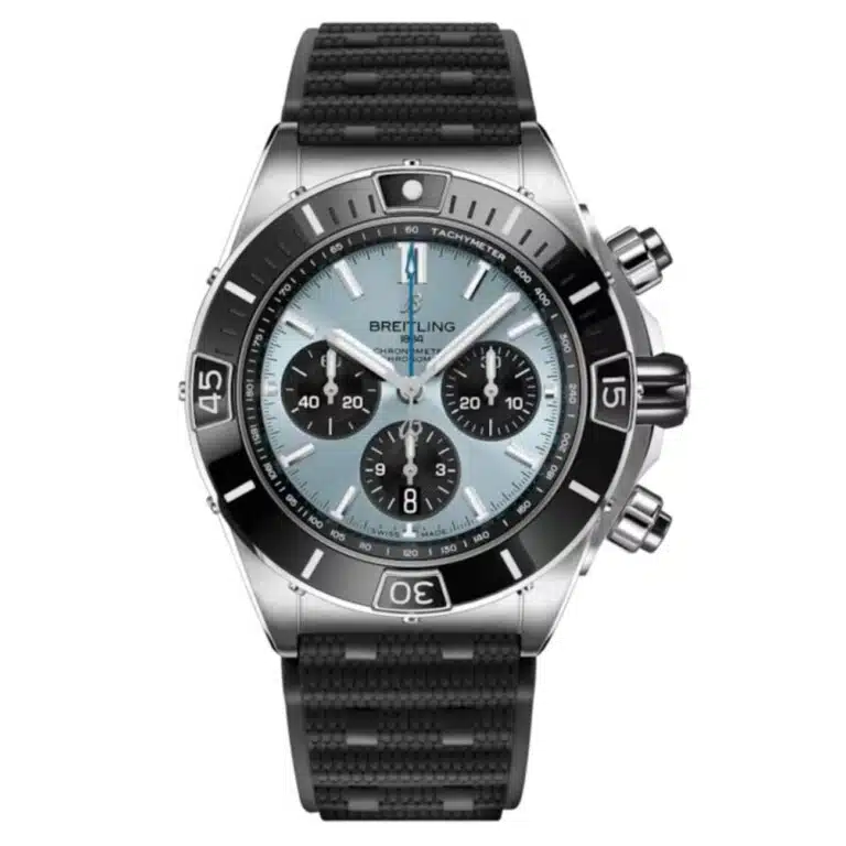 Breitling Super Chronomat B01 PB0136251C1S1 44mm Ice Blue Dial Unidirectional Ratcheted Rotating Bezel Stainless Steel/Platinum with Black Rubber Strap Watch