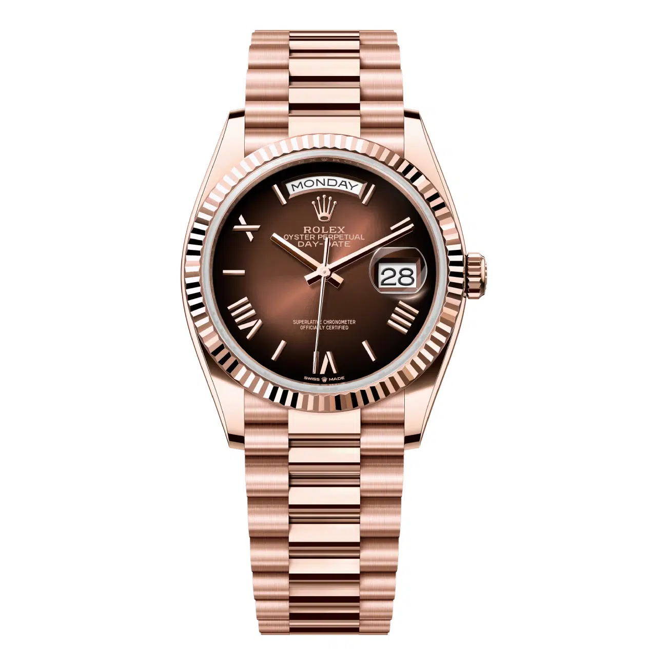 Rolex Day Date 128235-0075 36mm Rose Gold Watch Chocolate Roman Dial