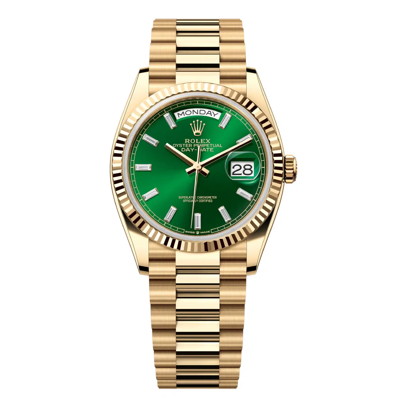 Rolex Day-Date 128238-0130 36mm Yellow Gold Watch Green Baguette Dial Watch 2024