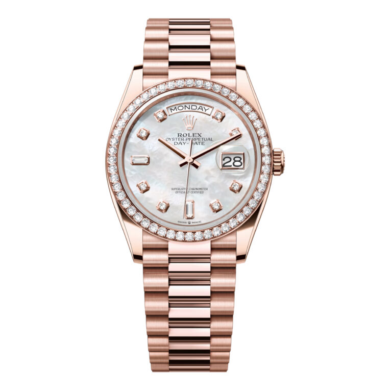 Rolex Day-Date 128345rbr-0028 36mm Rose Gold with Diamond Bezel Mother of Pearl Diamond Dial