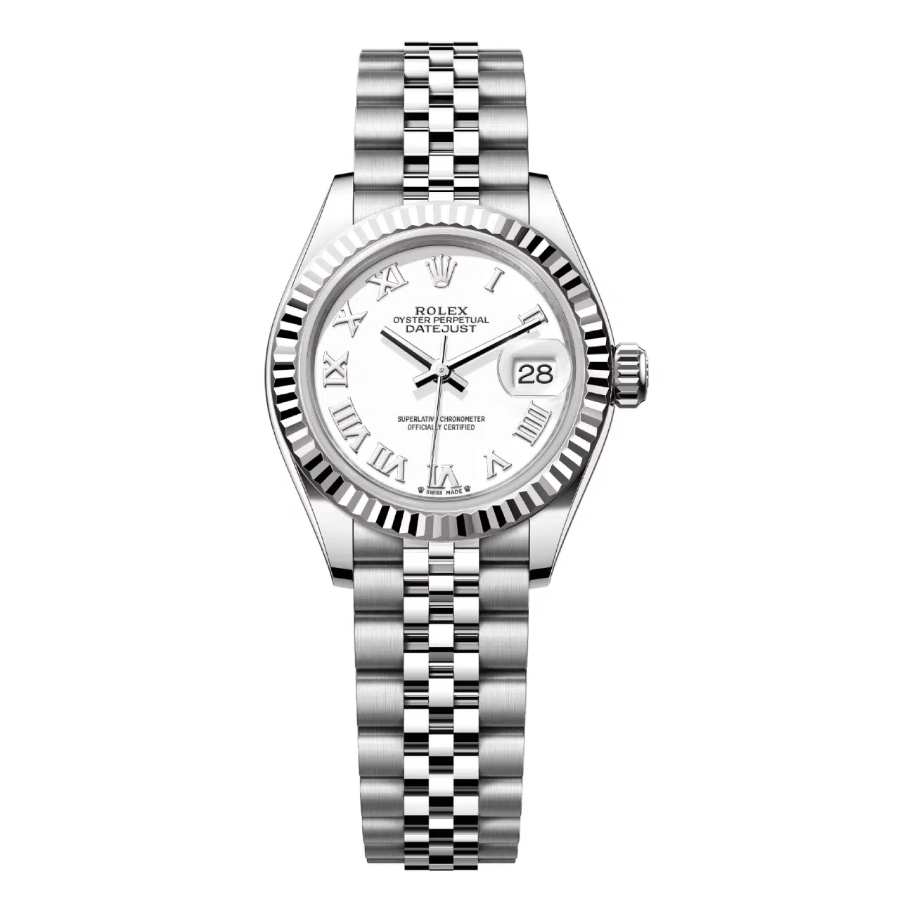 Rolex 279174-0019 Steel and White Gold Lady Datejust 28 Fluted Bezel White Roman Dial Jubilee Bracelet Watch 2024