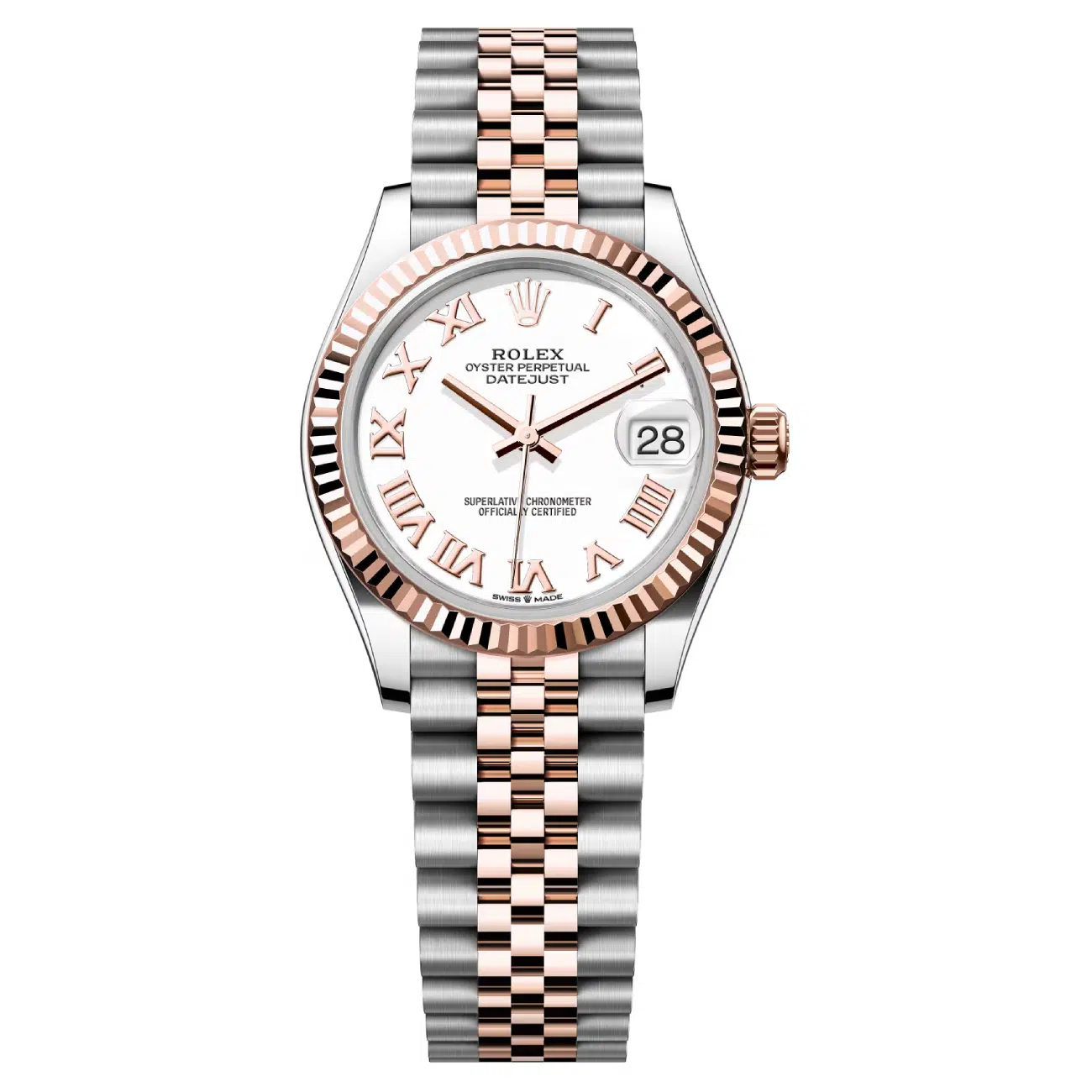 Rolex Datejust 31 White Roman Dial 278271-0002 Two Tone Rose Gold Fluted Bezel Jubilee Bracelet Watch 2024