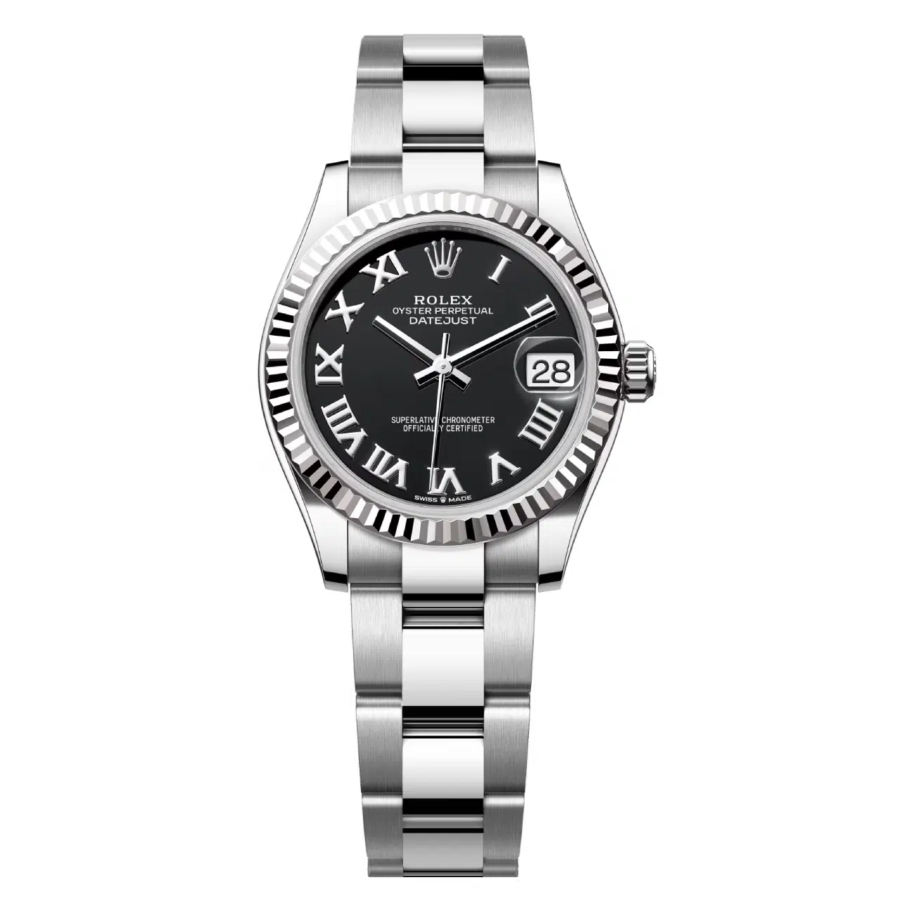 Rolex Steel and White Gold Datejust 31 18K Fluted Bezel 278274-0001 Black Roman Dial Oyster Bracelet Watch 2024