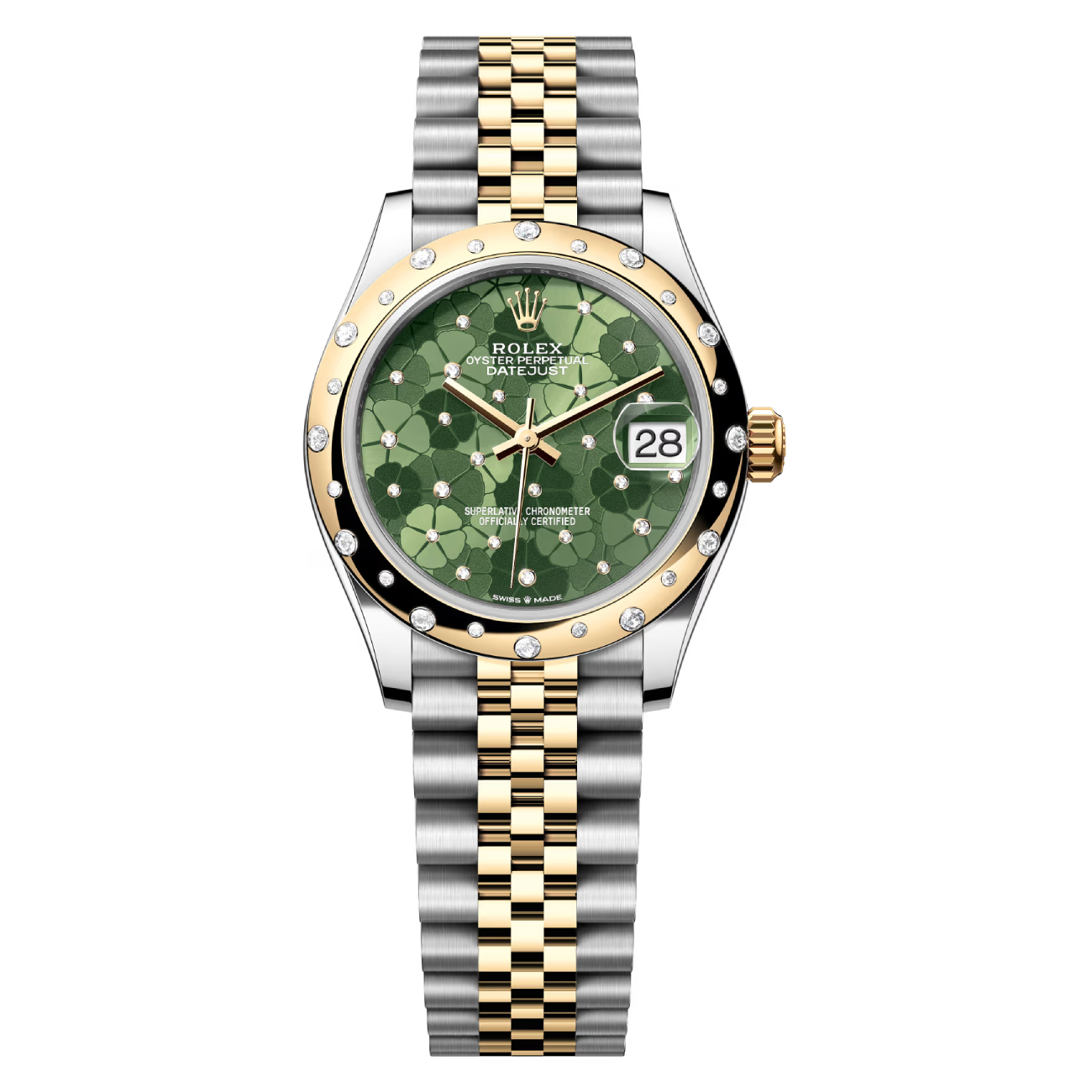 Rolex Datejust 31mm 278343rbr-0032 Scattered Diamond Bezel Jubilee Steel and Yellow Gold Watch Green Floral Dial 2024