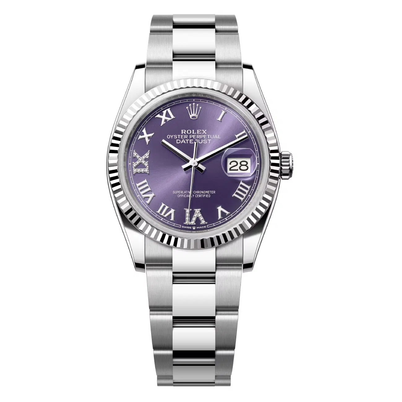 rolex-datejust-36-126234-0022 Rolex Datejust 36mm Stainless Steel Oyster 126234-0022 Purple Pave at 6 and 9 Dial 2024