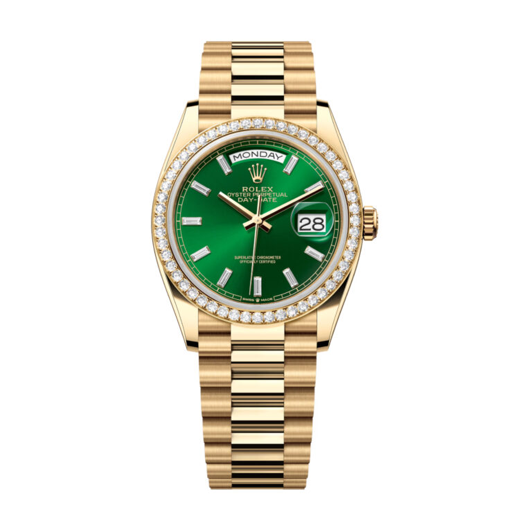 Rolex 36mm Day-Date 128348RBR-0018 Yellow Gold with Diamond Bezel & Green Baguette Dial Watch 2024