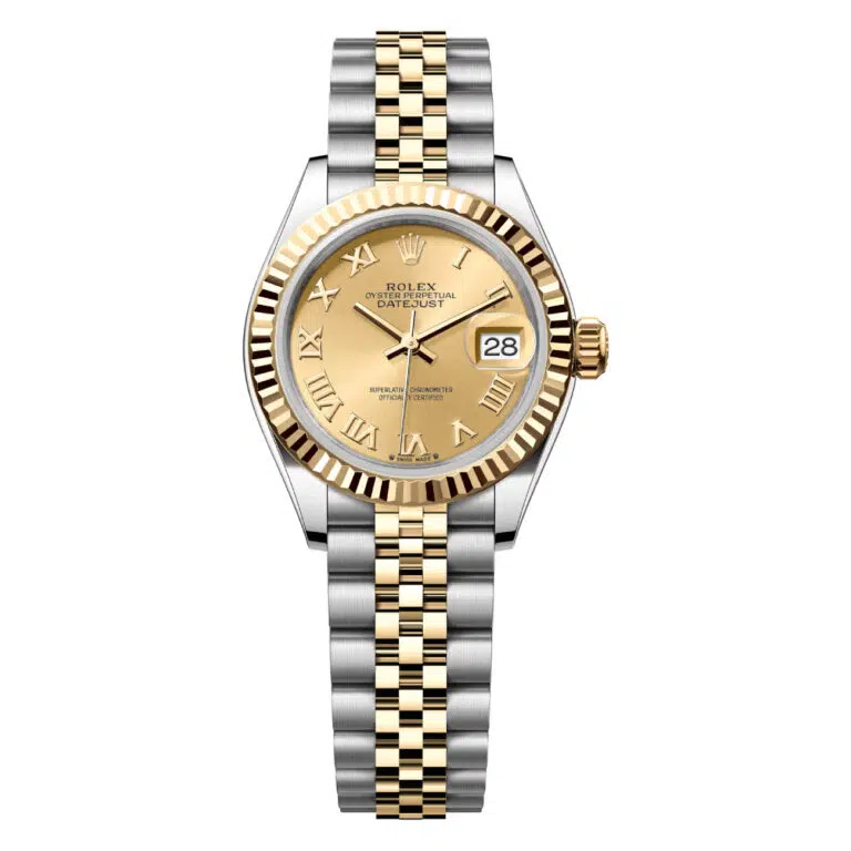 Rolex Datejust 28 Steel/Yellow Gold Lady Watch 279173-0009 Fluted Bezel Champagne Roman Dial Jubilee Bracelet