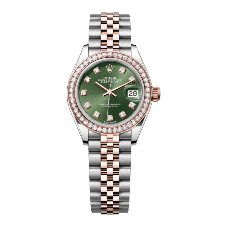 Rolex Datejust 28 Steel/Rose Gold Fixed Full Set Diamond Bezel 279381rbr-0007 Green Diamond Dial Jubilee Bracelet