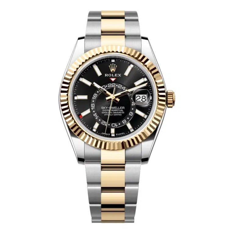 Rolex Sky-Dweller Oyster Steel/Yellow Gold Fluted Ring Command Bezel 336933-0003 Black Index Dial