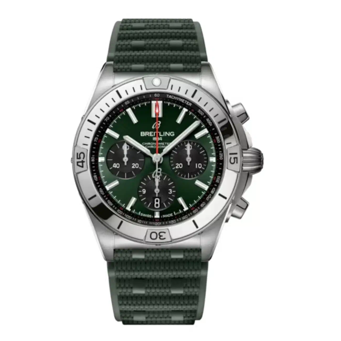Breitling Chronomat B01 AB0134101L2S1 42mm Green Dial Unidirectional, Ratcheted Rotating Bezel Stainless Steel With Green Rubber Strap Watch