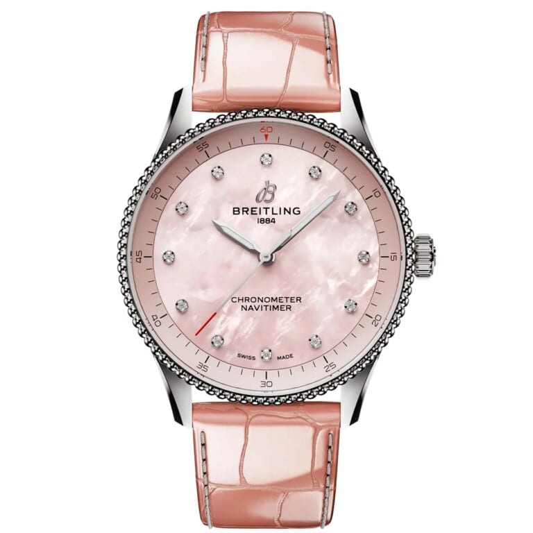 Breitling Navitimer 32mm A77320D91K1P1 Stainless Steel with Pink Alligator Leather Watch Pink MOP Diamond Dial 2024