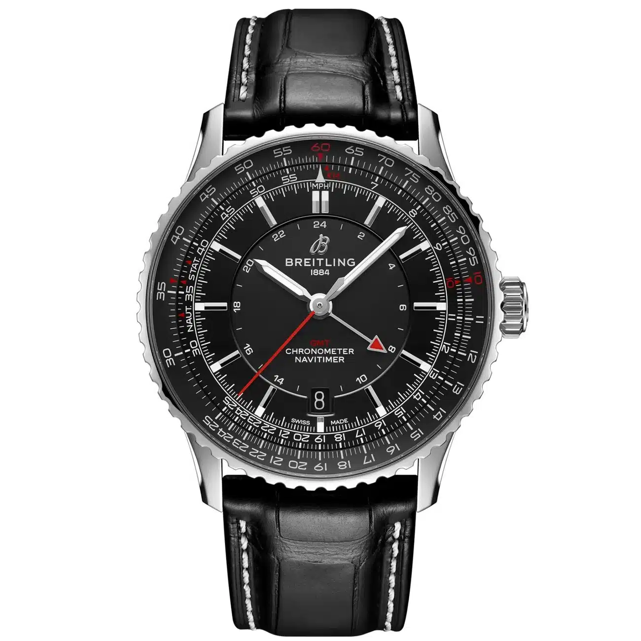 Breitling Navitimer GMT A32310251B1P1 Stainless Steel with Black Leather Watch Black Dial