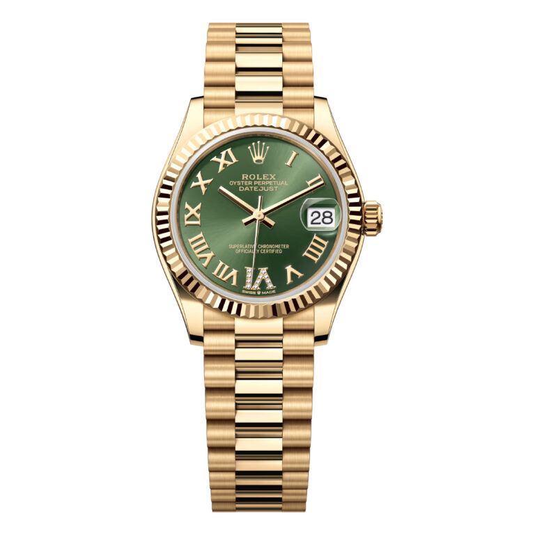 Rolex Yellow Gold Datejust 31 Watch 278278-0030 Fluted Bezel Green Diamond Six Dial – President Bracelet 2024