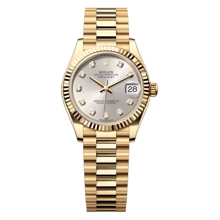 Rolex Datejust 31 278278-0034 Yellow Gold Silver Diamond Dial Fluted Bezel President Bracelet