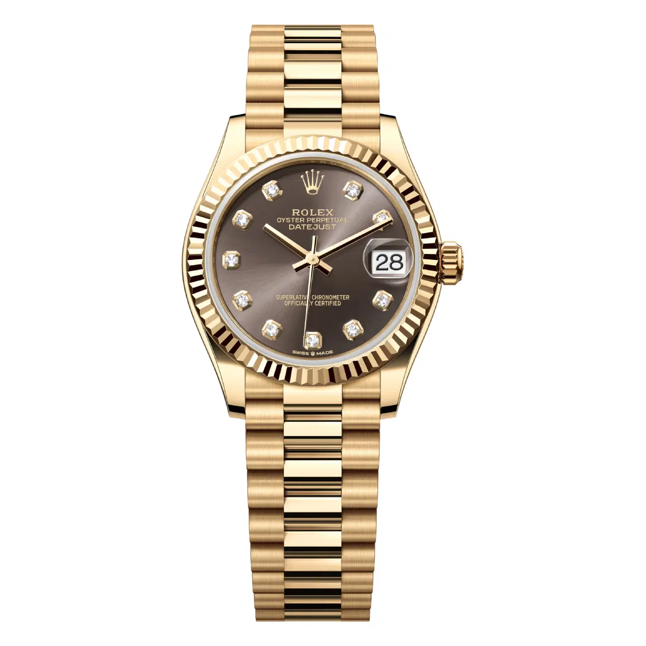 Rolex Yellow Gold Datejust 31 Watch Fluted Bezel 278278-0036 Grey Diamond Dial - President Bracelet