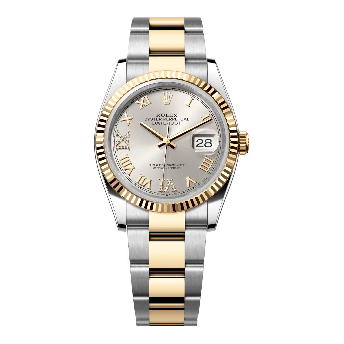Rolex Datejust 36mm 126233-0032 Oyster Yellow Gold/Stainless Steel with Silver VI & IX Diamond Dial