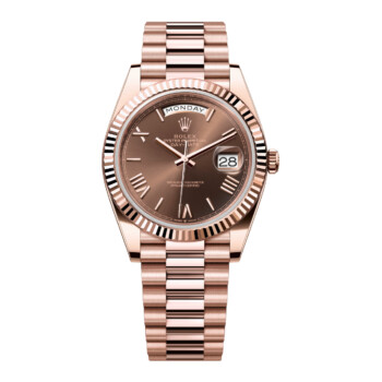 Rolex Rose Gold Day-Date 40 18Kt Fluted Bezel 228235-0002 Chocolate Roman Dial – President Bracelet