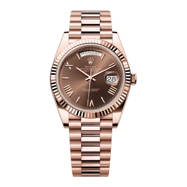 Rolex Rose Gold Day-Date 40 18Kt Fluted Bezel 228235-0002 Chocolate Roman Dial - President Bracelet
